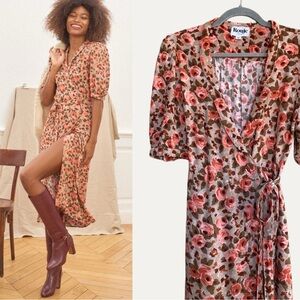 ROUJE Pink Tan Classic Retro Floral Printed Tea Rose Louisa Midi Wrap Dress 4/6
